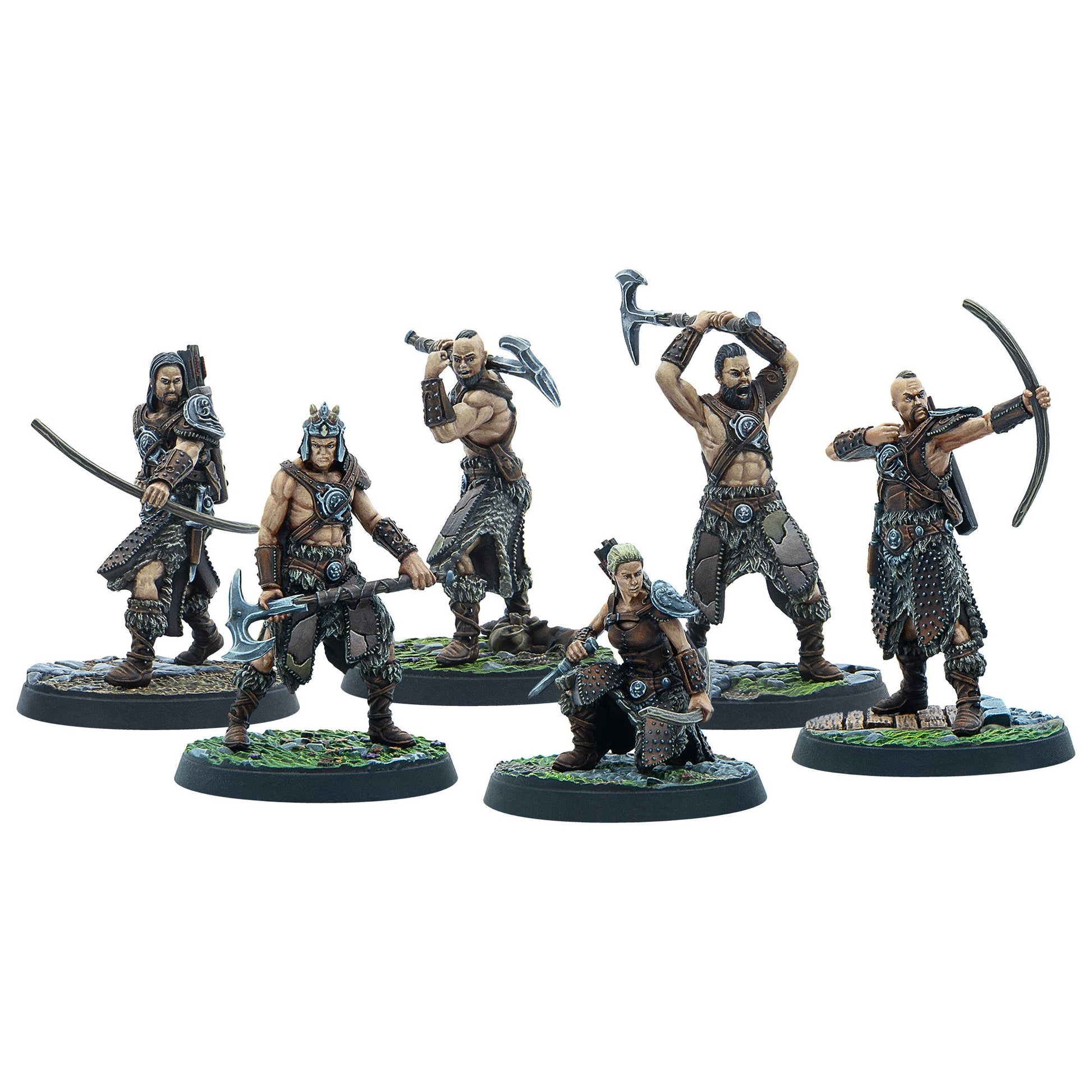 Six tabletop miniatures of fierce, fur-clad warriors, armed with axes, bows, and a knife, posed for battle