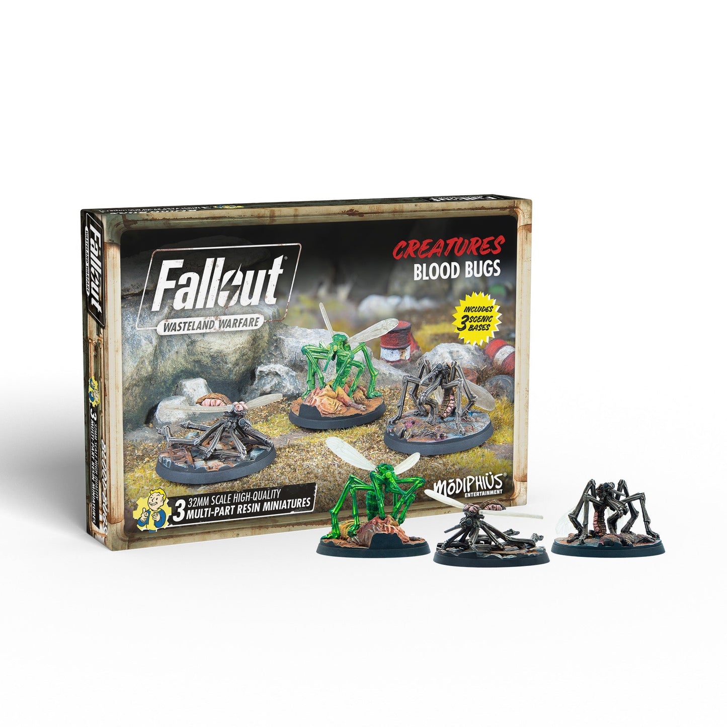 Fallout: Wasteland Warfare Blood Bugs miniatures box and three detailed insect-like figures (two green, one dark) on bases