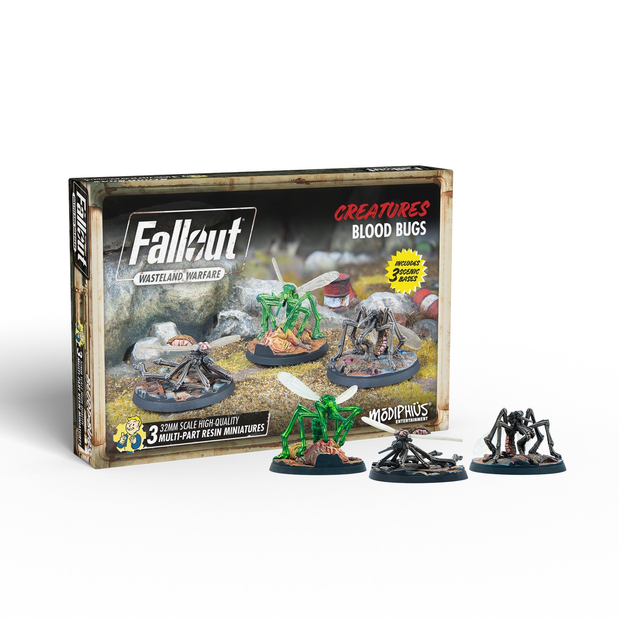 Fallout: Wasteland Warfare Blood Bugs miniatures box and three detailed insect-like figures (two green, one dark) on bases