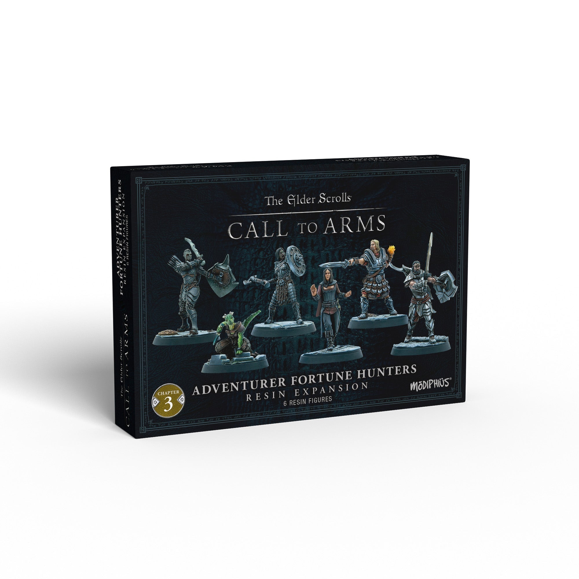 The Elder Scrolls Call to Arms: Adventurer Fortune Hunters expansion box shows 6 fantasy resin miniatures in action
