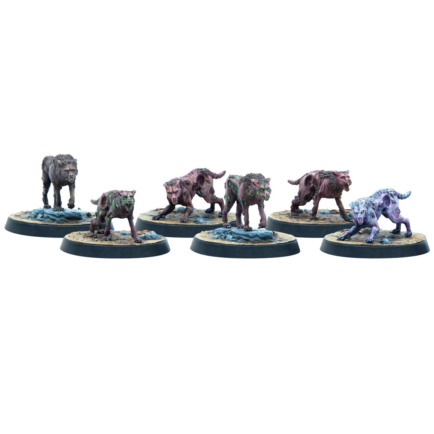Six mutated wolf miniatures snarl, with decayed purple, green, and grey skin, glowing eyes, on rocky bases