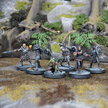 Six fantasy war-game miniatures, including warriors and a lizard-folk, posed on a rocky, mossy terrain