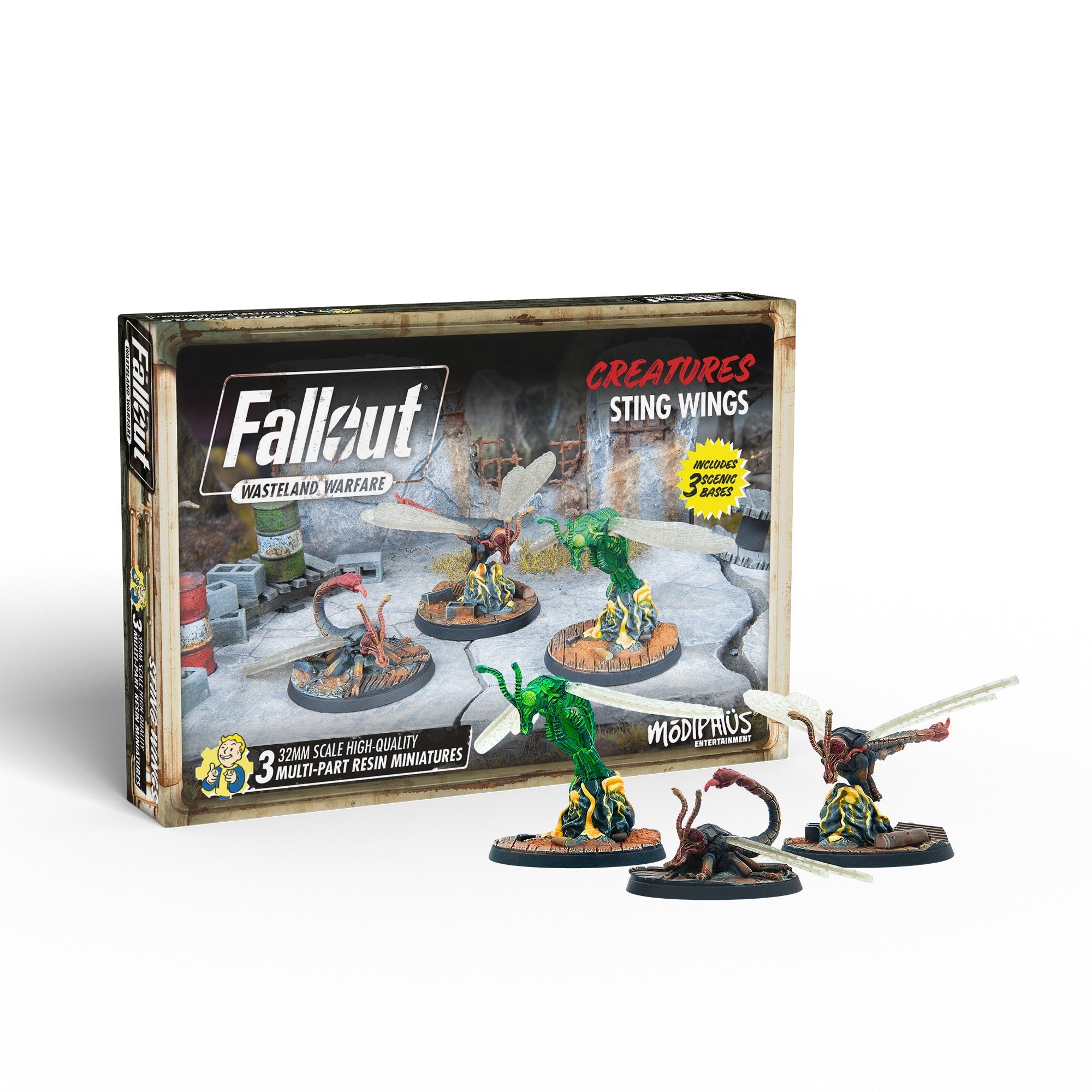 Box and three detailed winged bug creatures: one green, two brown, on bases