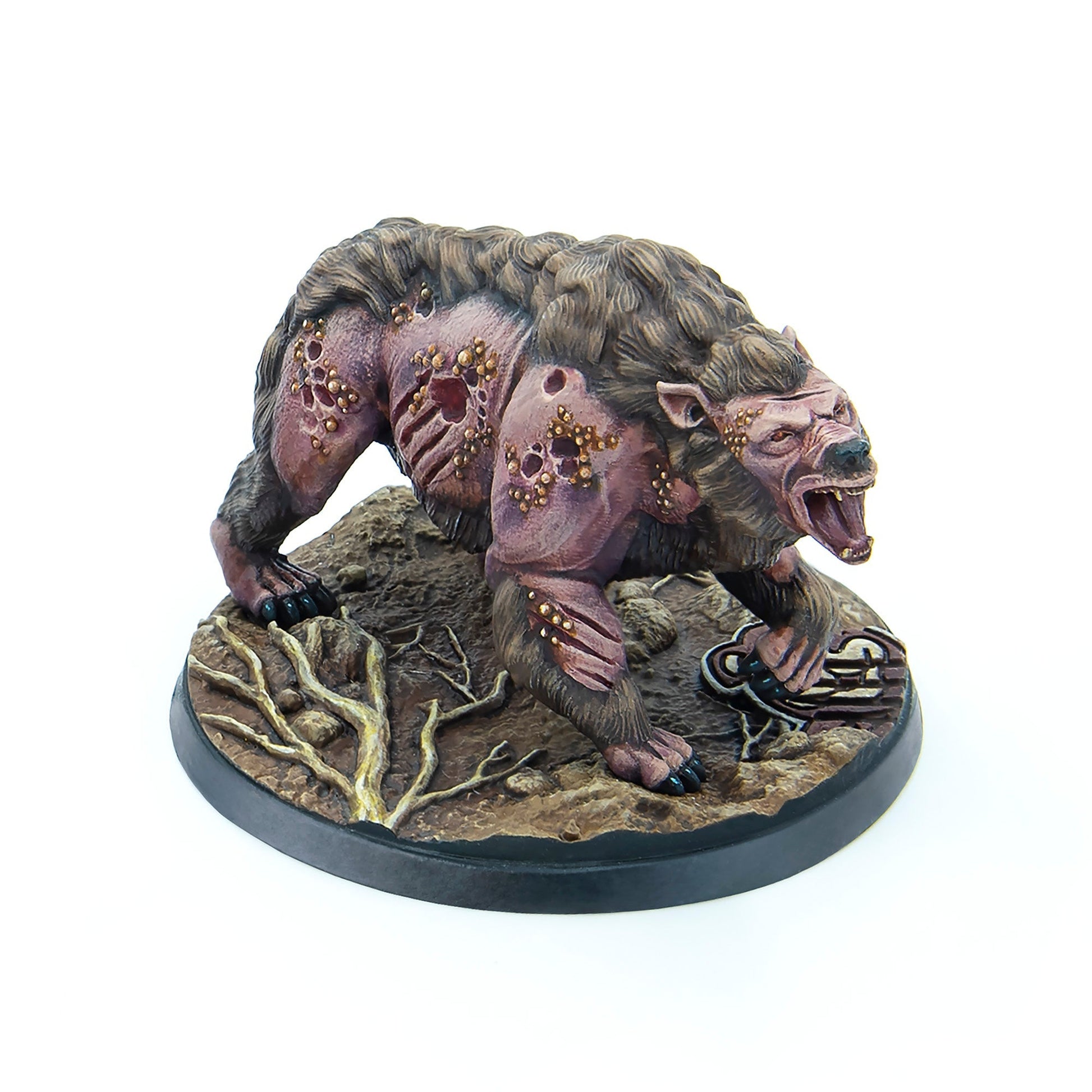 A snarling, diseased bear-like monster miniature with purple, boil-covered skin and dark fur on a textured base