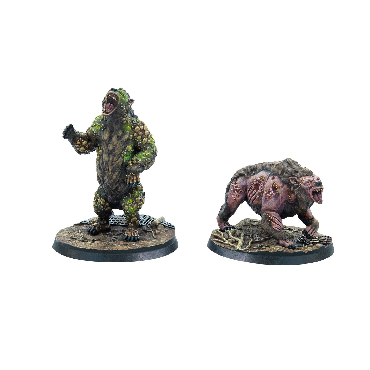 Two fantasy bear miniatures - one stands upright, green and bumpy with an open mouth and The other on all fours, with exposed, diseased pink skin