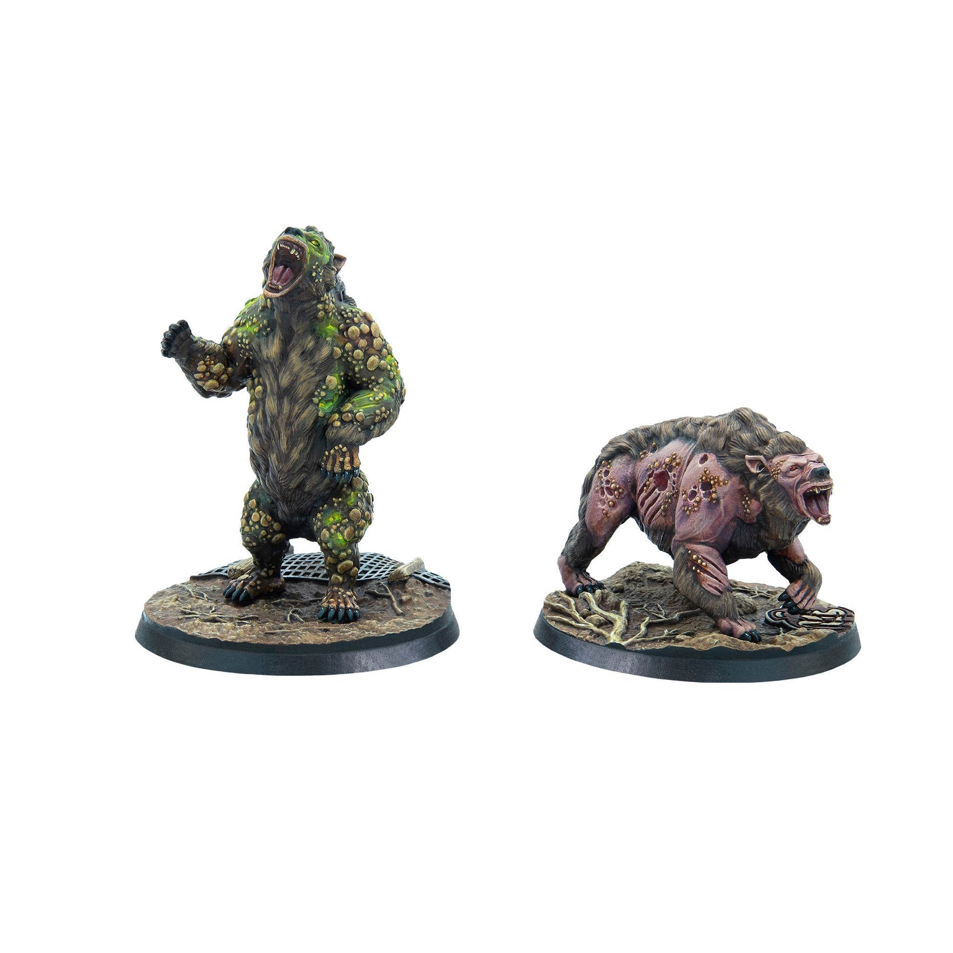 Two fantasy bear miniatures - one stands upright, green and bumpy with an open mouth and The other on all fours, with exposed, diseased pink skin