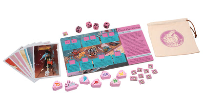 Ahoy: Fang & Fortune expansion board game components: illustrated cards, pink dice, ship tokens, a game board, and a logo drawstring bag