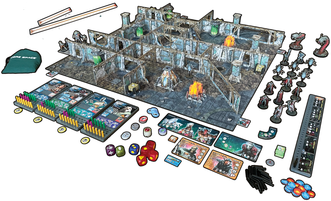A sci-fi board game laid out, featuring a modular 3D map, miniatures, character boards, cards, dice, and tokens