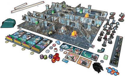 A sci-fi board game laid out, featuring a modular 3D map, miniatures, character boards, cards, dice, and tokens