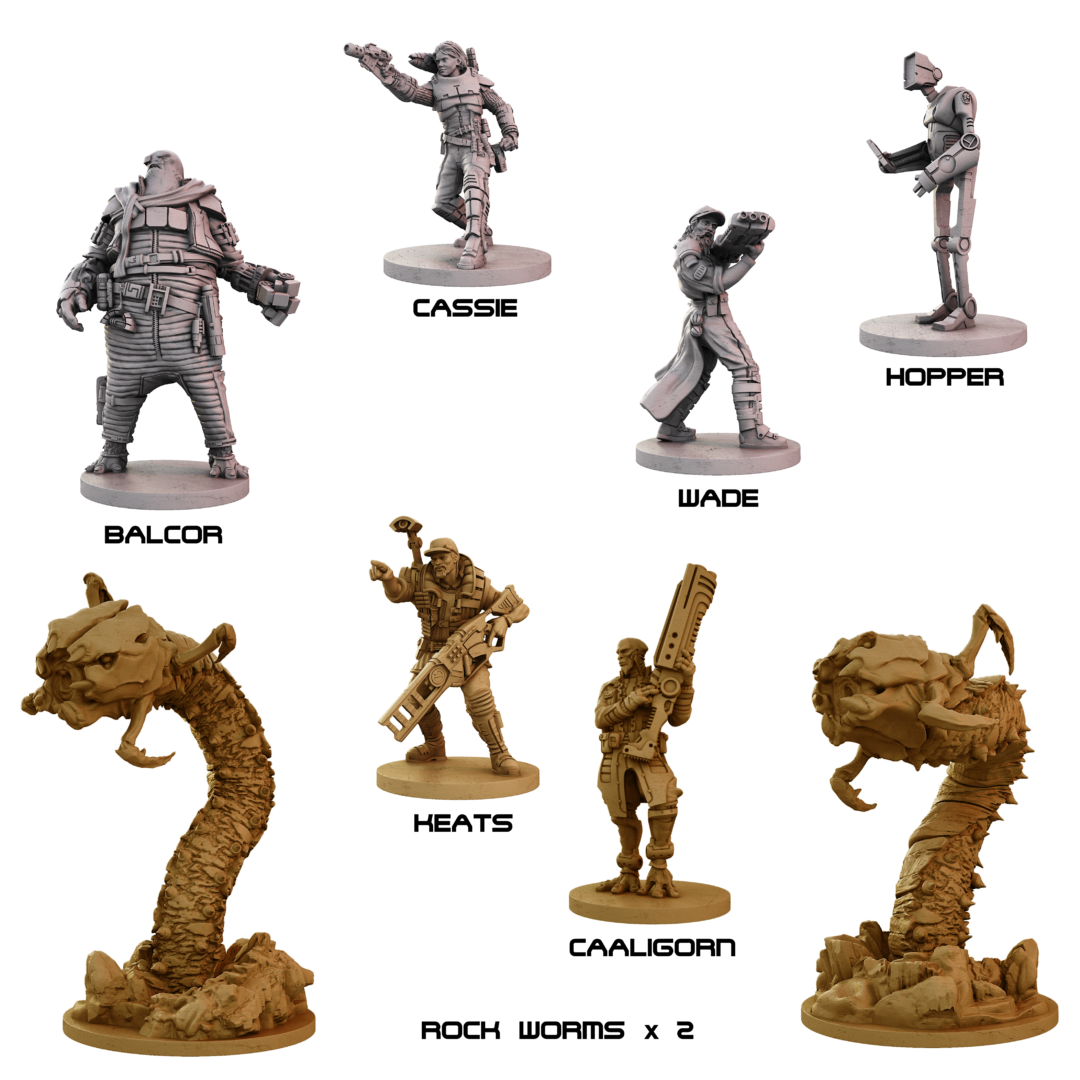 Unpainted tabletop miniatures: 5 armed humanoids, 1 robot, and 2 large worm-like creatures on bases