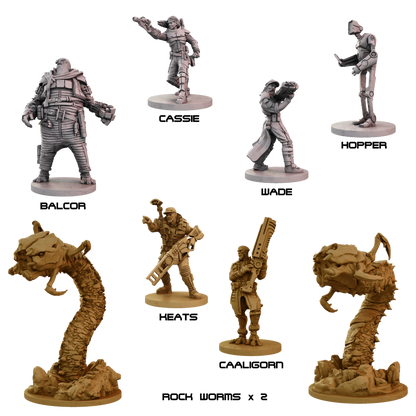 Unpainted tabletop miniatures: 5 armed humanoids, 1 robot, and 2 large worm-like creatures on bases