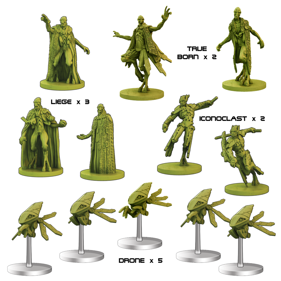 Ten green tabletop miniatures: humanoid casters, armored warriors, and flying insectoid drones