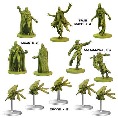 Ten green tabletop miniatures: humanoid casters, armored warriors, and flying insectoid drones