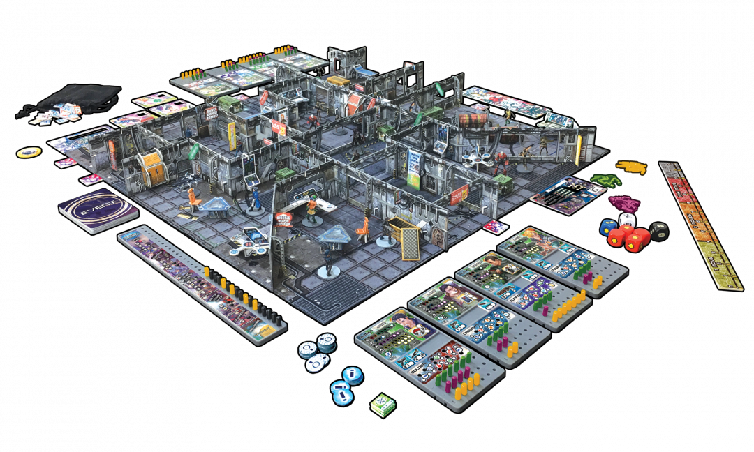 A complex sci-fi board game setup: 3D modular board, miniatures, cards, dice, and player boards