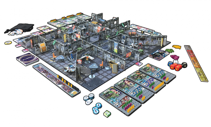 A complex sci-fi board game setup: 3D modular board, miniatures, cards, dice, and player boards