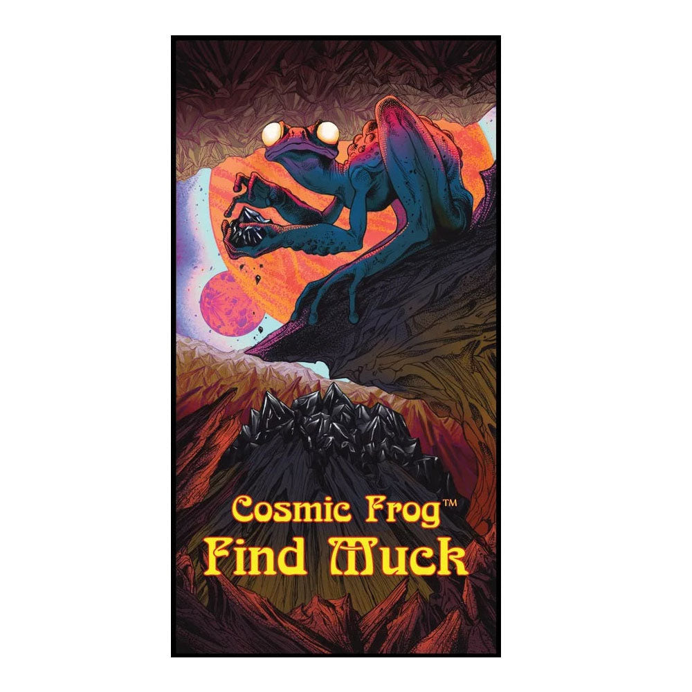 Vibrant artwork of a blue-purple cosmic frog with glowing eyes, holding a crystal, in an alien cave with planets