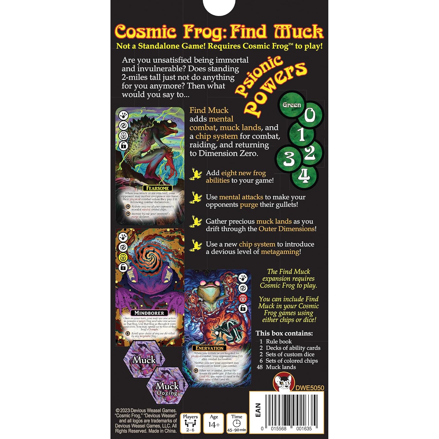 Cosmic Frog: Find Muck Psionic Powers game expansion box back, mutated frog art, game tokens, new powers, cards, chips, dice, and box contents listed