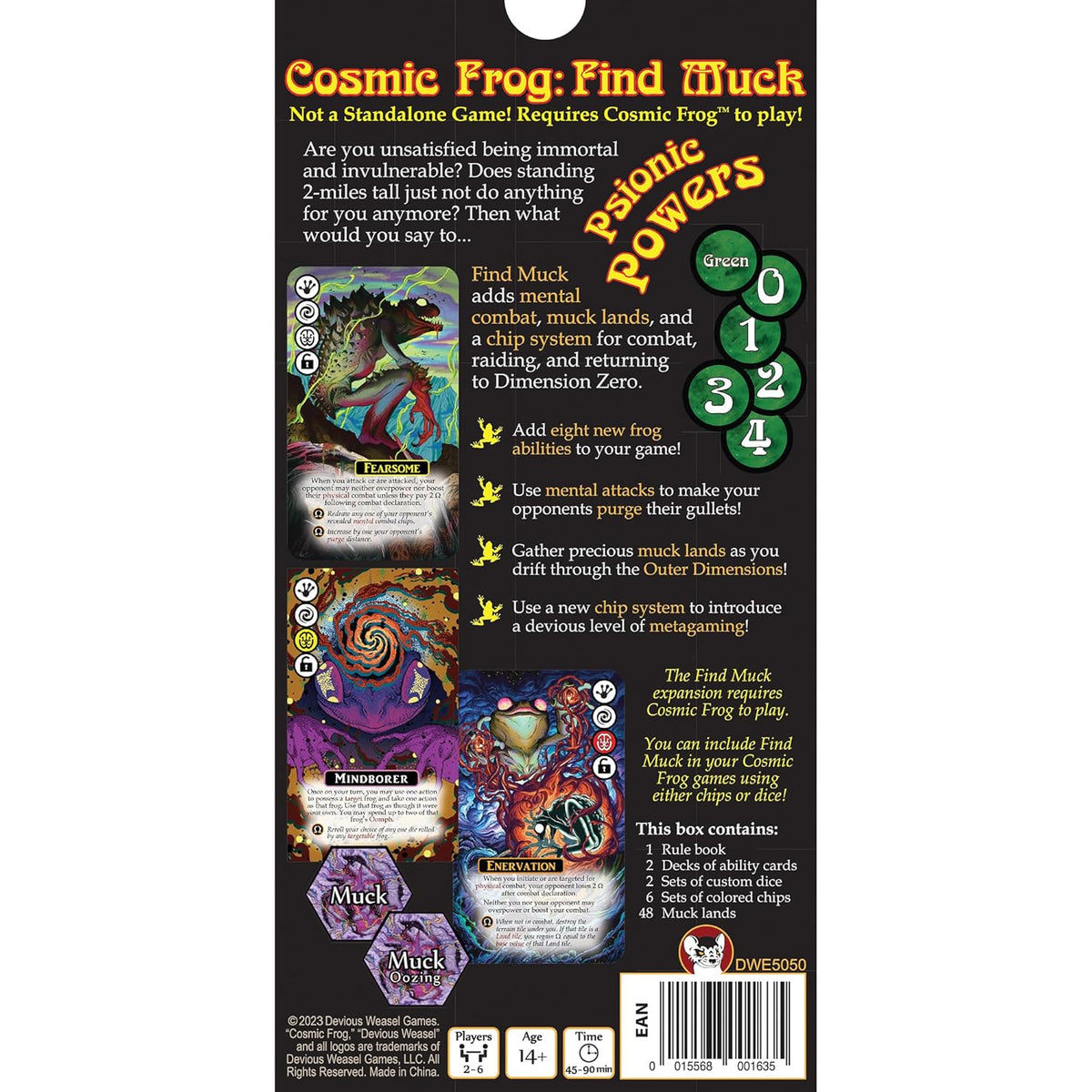 Cosmic Frog: Find Muck Psionic Powers game expansion box back, mutated frog art, game tokens, new powers, cards, chips, dice, and box contents listed