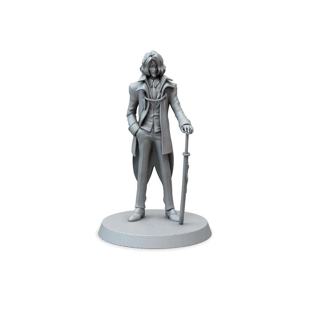 Unpainted miniature figure of a man in a suit with a long coat, long hair, holding a sword, standing on a round base