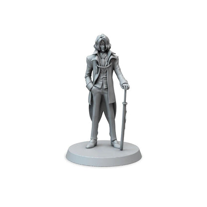 Unpainted miniature figure of a man in a suit with a long coat, long hair, holding a sword, standing on a round base