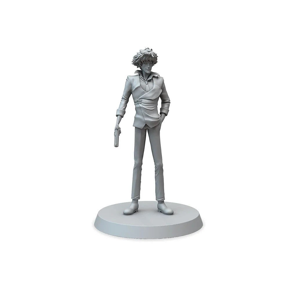 Unpainted miniature figure of a man in a suit, holding a pistol, standing on a round base