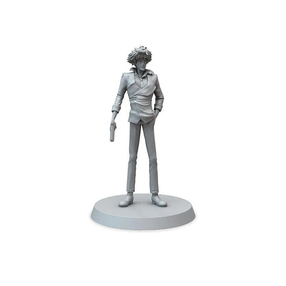 Unpainted miniature figure of a man in a suit, holding a pistol, standing on a round base