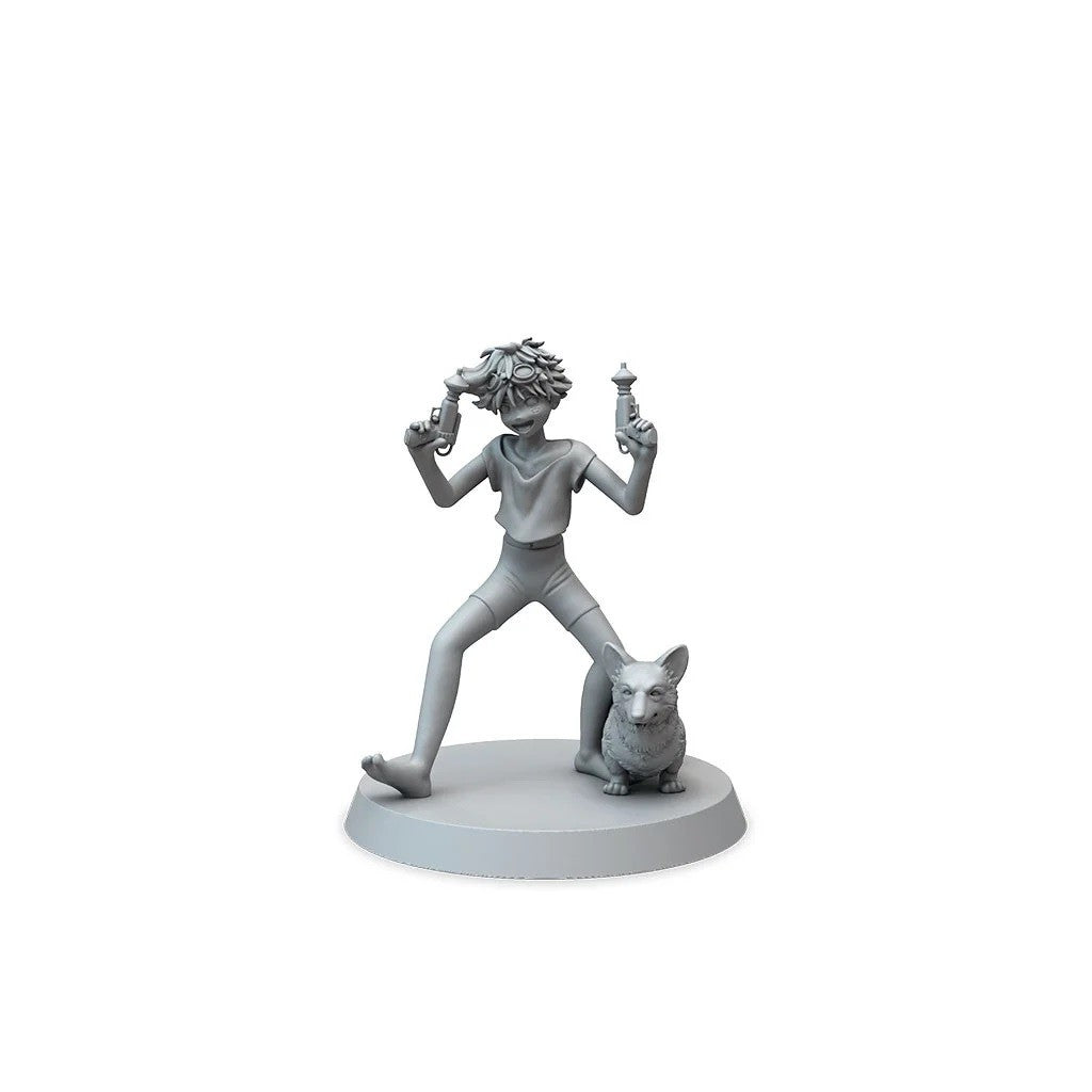 Unpainted miniature of Ed from Cowboy Bebop wearing goggles and holding ray guns, next to Ein the Corgi, on a round base