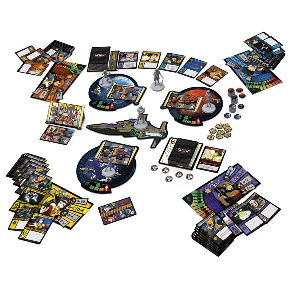 Overhead view of a Cowboy Bebop board game with numerous character cards, grey miniatures, spaceship, circular game boards, and various tokens spread across a white surface