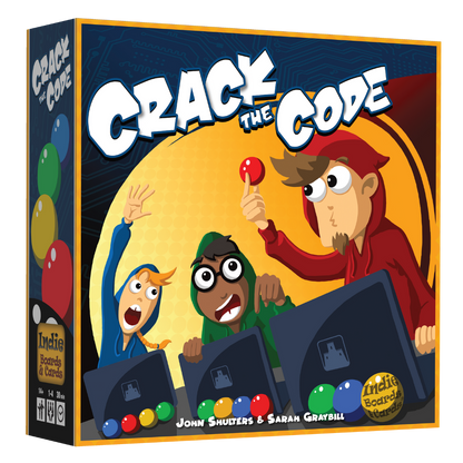 Crack the Code board game box showing three animated characters in hoodies solving a code on laptops, with colourful game pieces