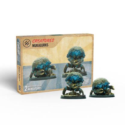 Fallout NukaLurks game box, with two painted blue and green crab-like miniatures standing in front