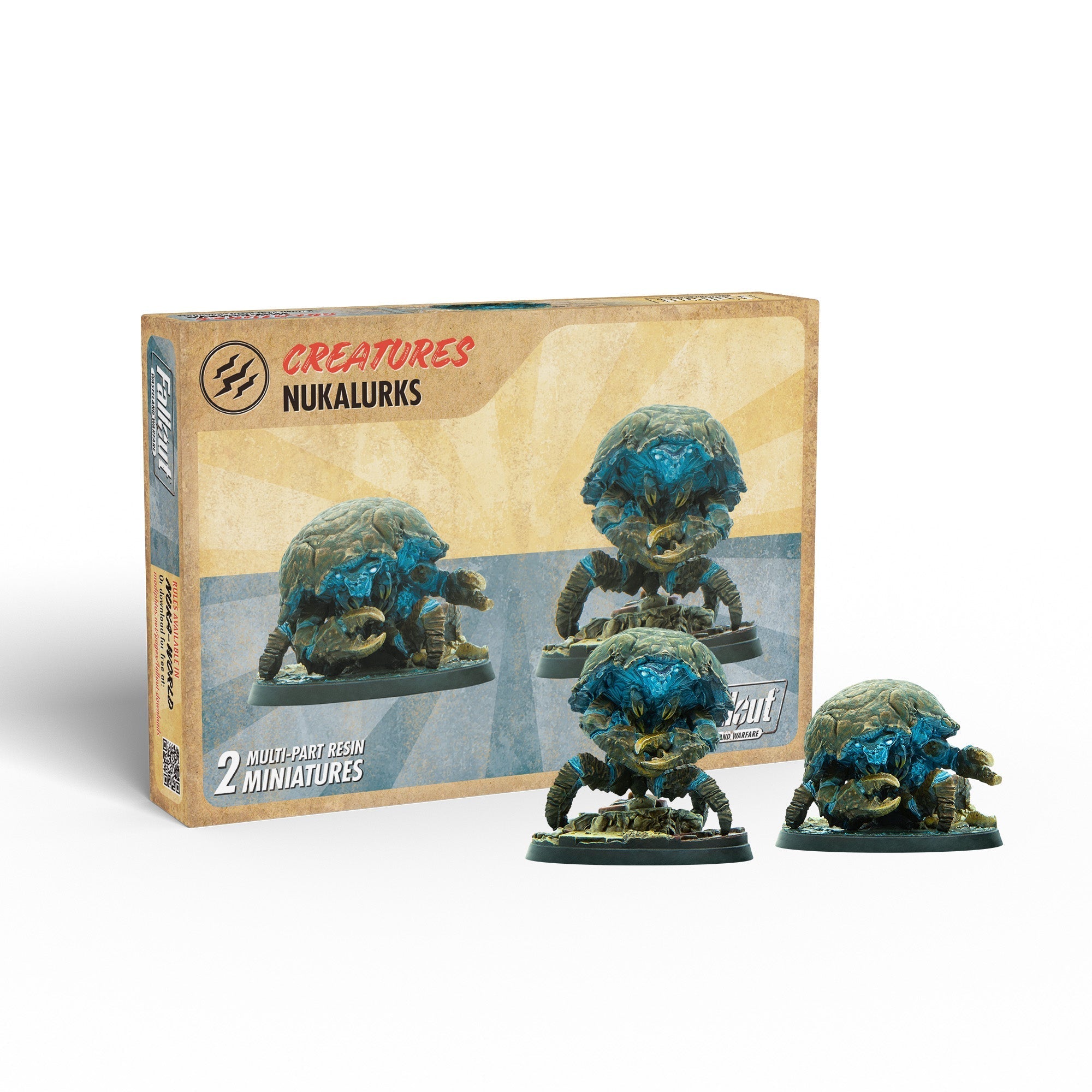 Fallout NukaLurks game box, with two painted blue and green crab-like miniatures standing in front