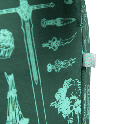 Dark green textile patterned with teal line art of fantasy weapons and objects. A small grey tag with a teal logo is stitched on the right