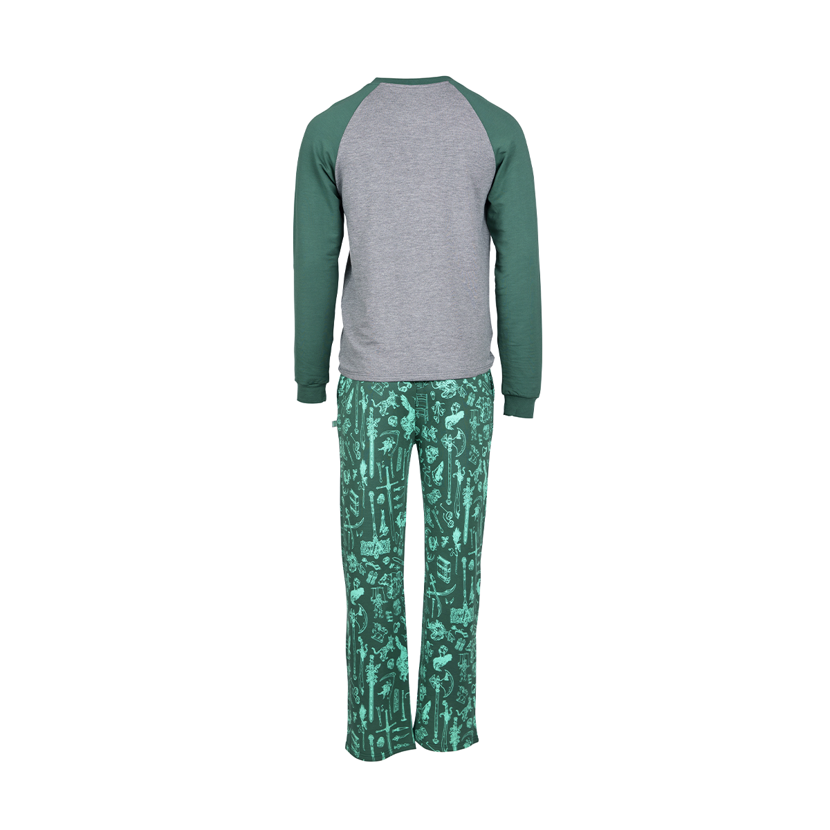 A pair of pajamas with a grey and dark green long-sleeved top and dark green pants patterned with fantasy weapons