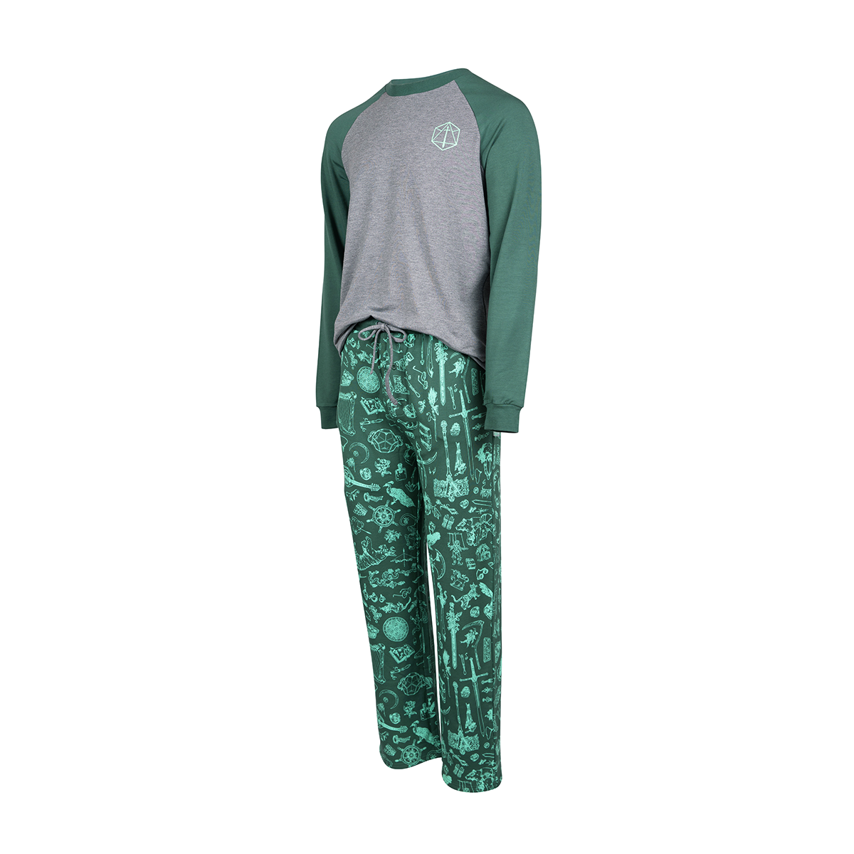 A green and grey Ultra Soft pajama lounge set . The grey raglan top has a D20 logo; the green pants are patterned with fantasy icons