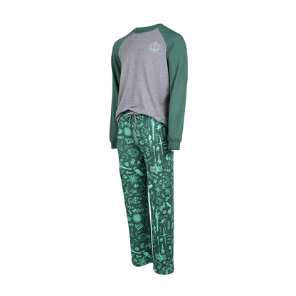 A green and grey Ultra Soft pajama lounge set . The grey raglan top has a D20 logo; the green pants are patterned with fantasy icons