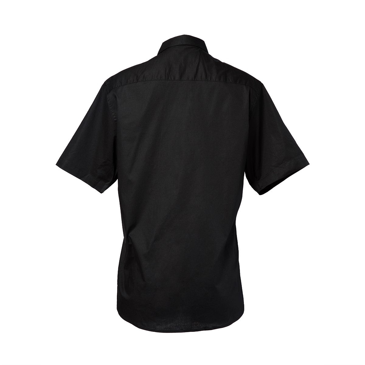 Black short-sleeve button-up shirt, back view