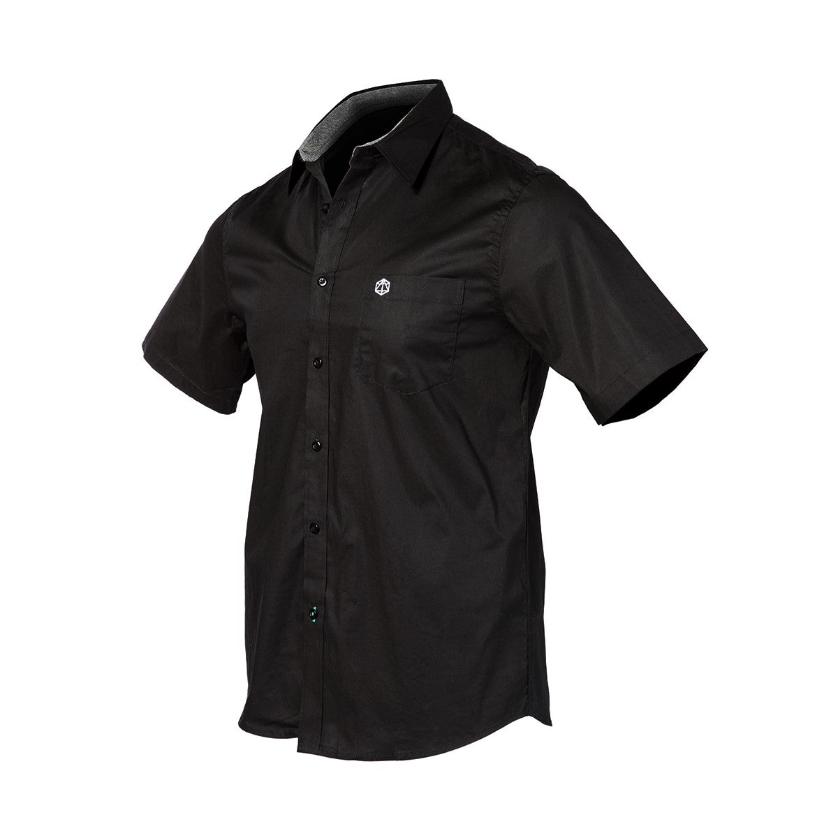 Black short-sleeve button-down shirt with collar, chest pocket, and white logo