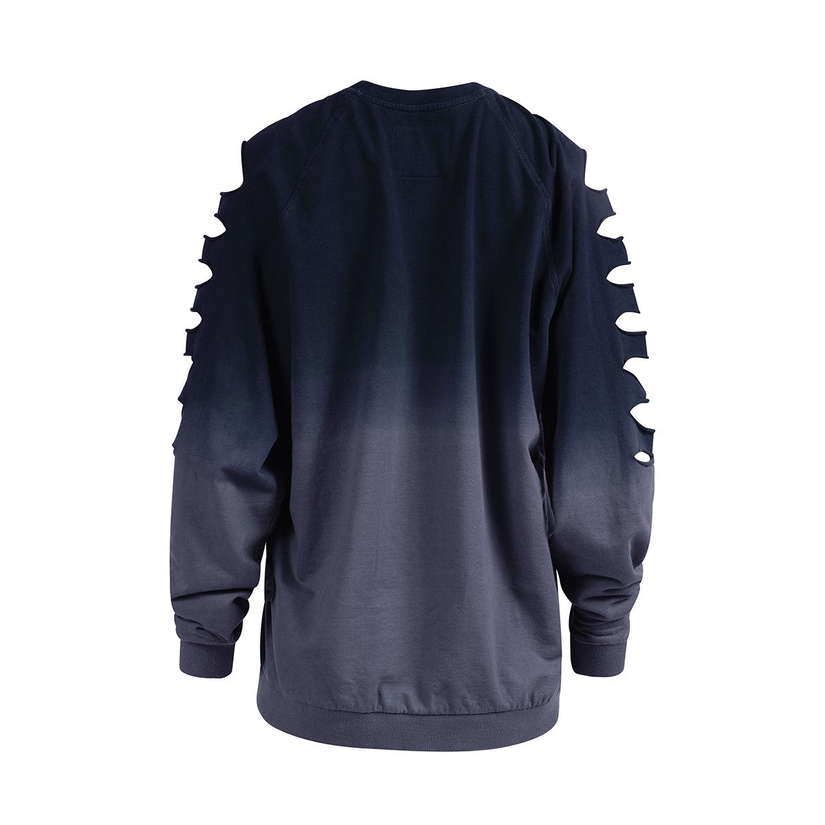 A dark blue-grey ombre long-sleeve top, back view, with tear-shaped cutouts along both sleeves