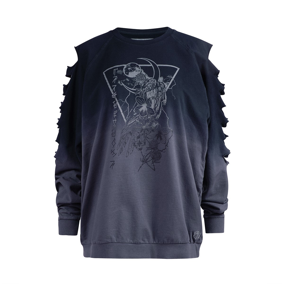 Dark gradient sweatshirt with cut-out sleeves, featuring a graphic of a moon, raven, flowers, and lightning within a triangle