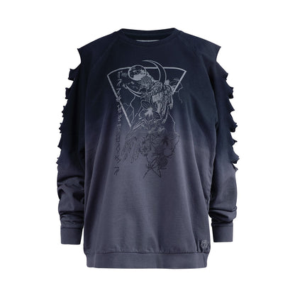 Dark gradient sweatshirt with cut-out sleeves, featuring a graphic of a moon, raven, flowers, and lightning within a triangle