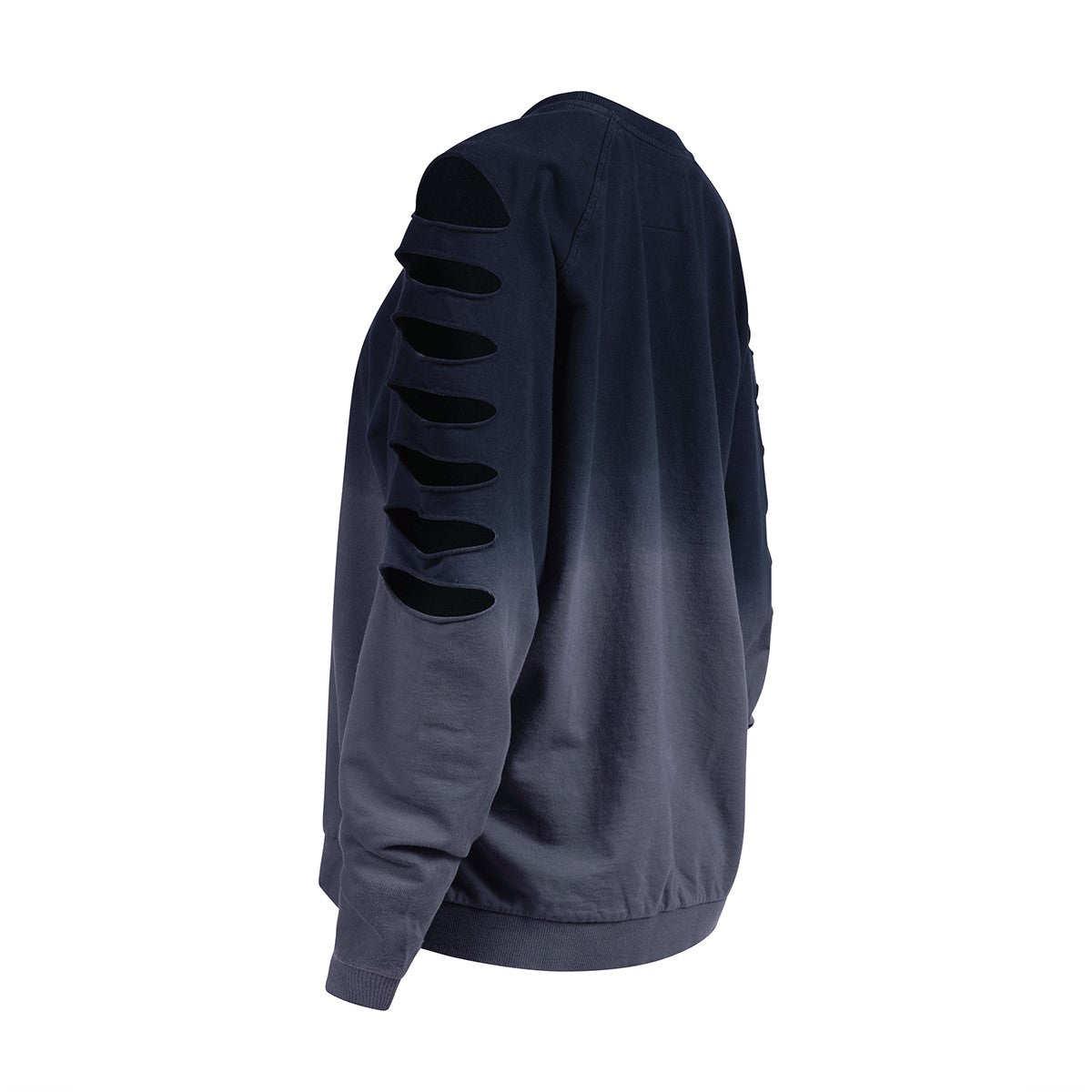 Dark grey ombre sweatshirt with stacked horizontal rips on the sleeve, shown from the side