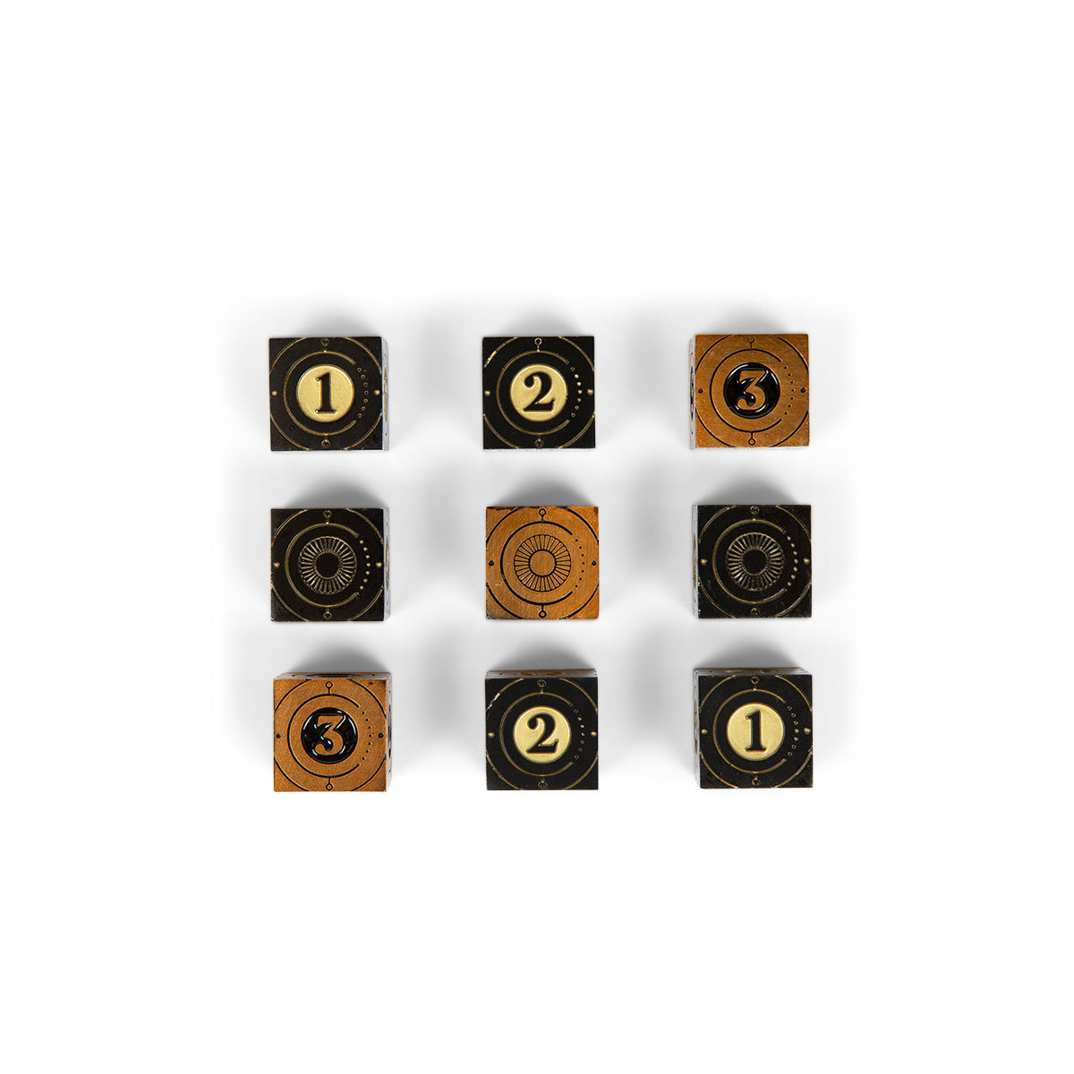 Nine dark and light brown cubes with gold numbers 1, 2, 3 and circular symbols, arranged in a 3x3 grid