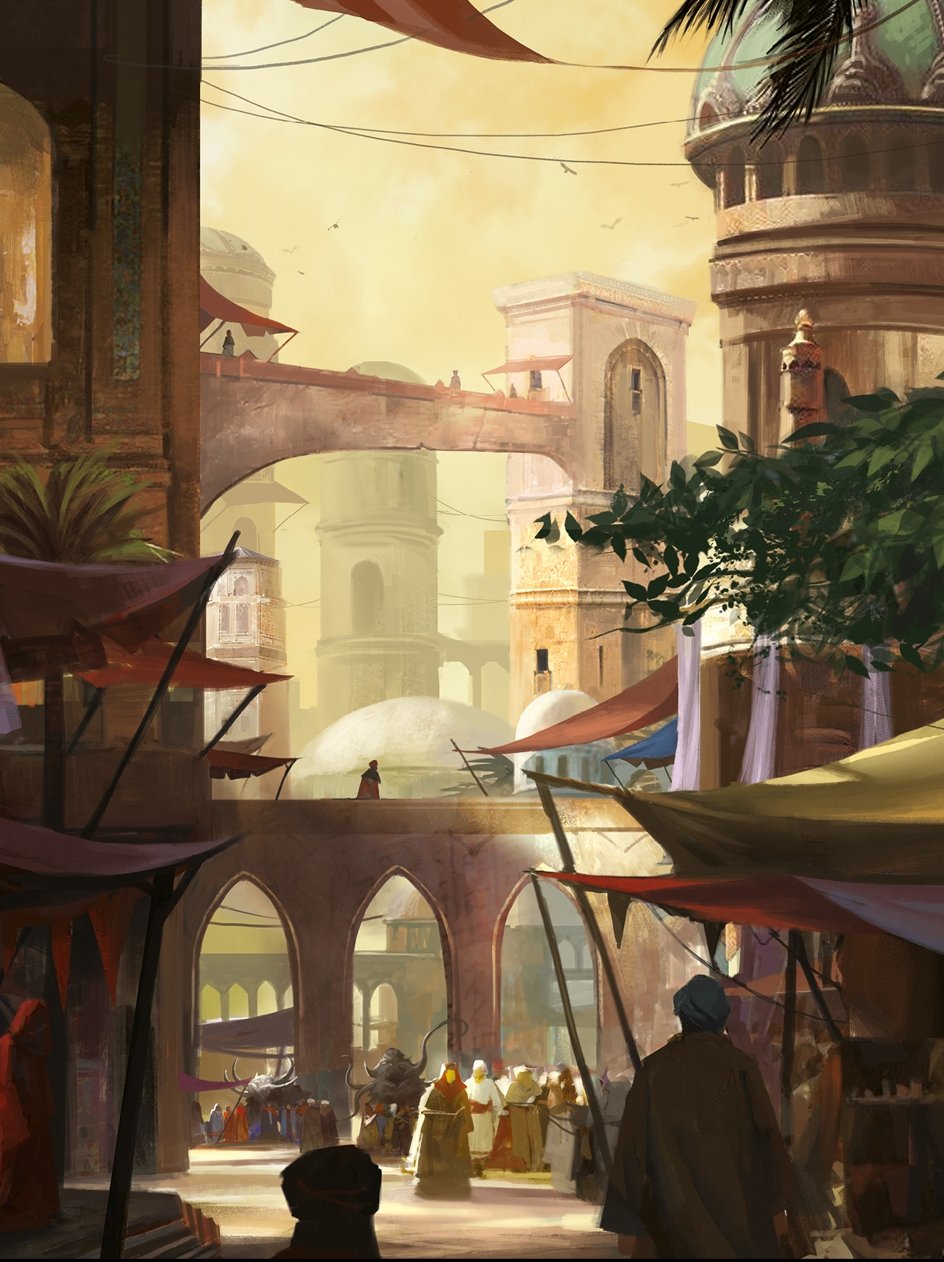 A bustling fantasy market city with arched buildings, elevated walkways, and people. A procession with large dark beasts moves through the crowd.