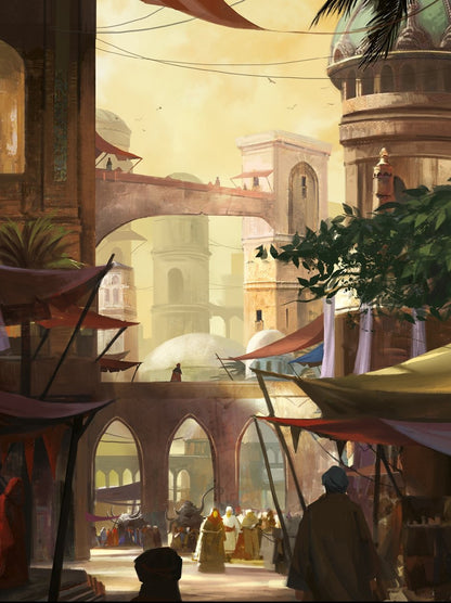 A bustling fantasy market city with arched buildings, elevated walkways, and people. A procession with large dark beasts moves through the crowd.