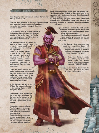 Purple-skinned Zagan in ornate robes, with a beard and pointed ears, holding a white rabbit-like creature.
