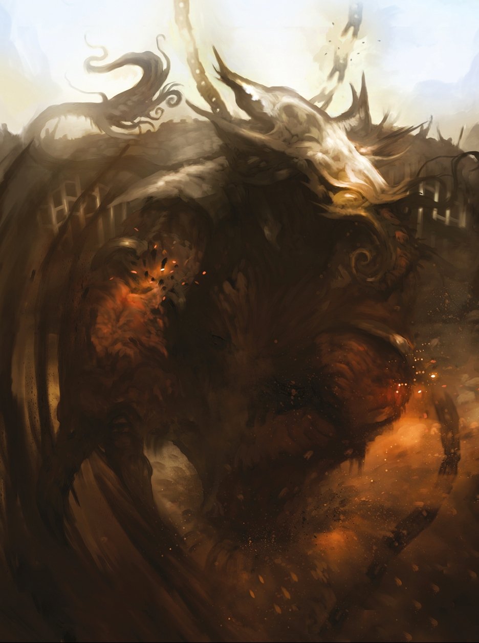 A dark, horned skeletal dragon emerges from a fiery vortex of embers.