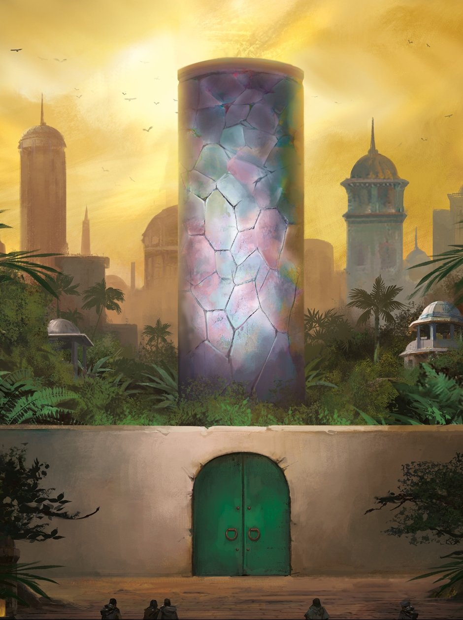 A glowing, segmented pillar dominates a fantasy city with ancient buildings and lush plants under a golden sky. A green arched door below.