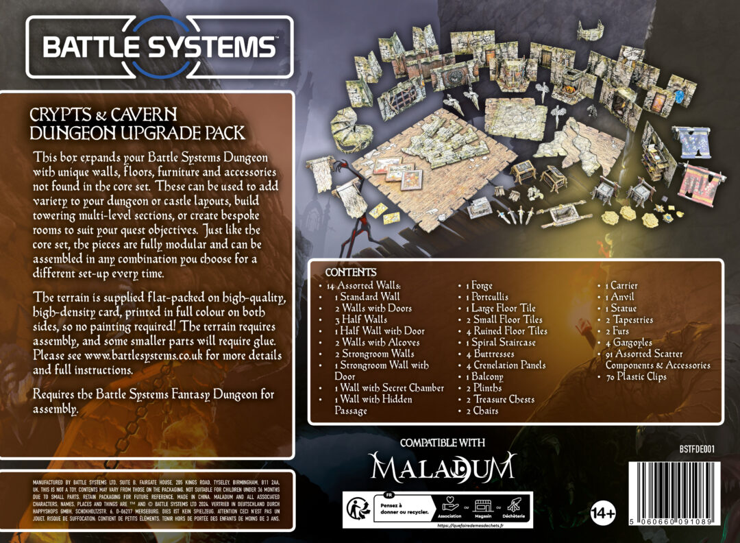 Battle Systems Crypts and Cavern Dungeon Upgrade Pack featuring modular cardboard terrain pieces walls floors accessories and furniture for tabletop gaming compatible with Maladum