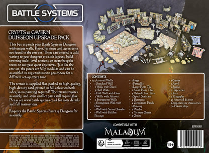 Battle Systems Crypts and Cavern Dungeon Upgrade Pack featuring modular cardboard terrain pieces walls floors accessories and furniture for tabletop gaming compatible with Maladum