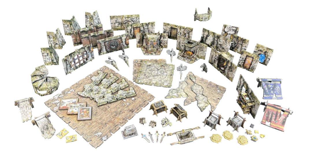 Battle Systems Crypts and Caverns Dungeon Upgrade Pack with modular terrain pieces including walls floor tiles stairs chests crates weapons and arcane maps